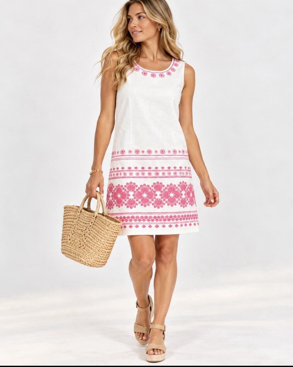 Vineyard Vines Size 2 Linen Cotton Embroidered Shift Dress Pink White Resort